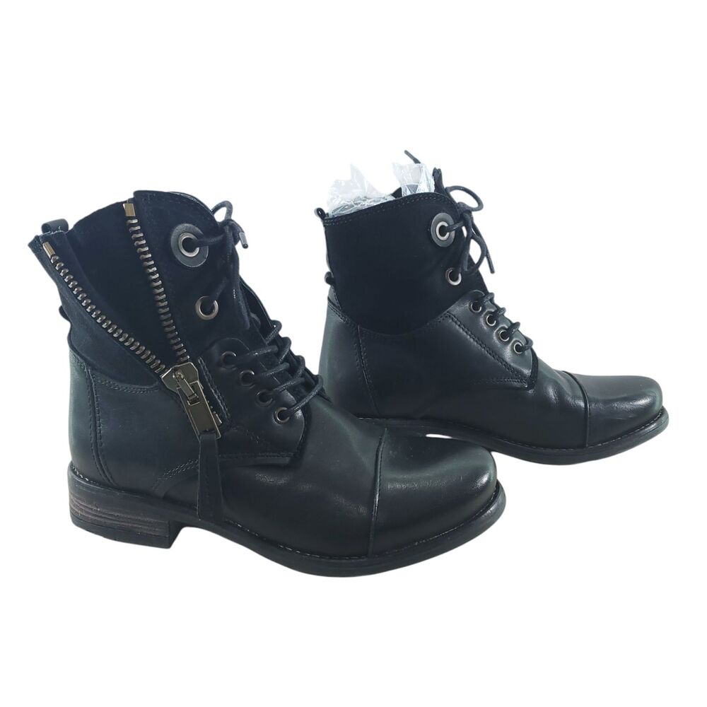 EU 36 Tara M Loris Combat Boots Tie and Zipper Zip Up Black Leather